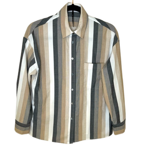 Striped Button Up Long Sleeve Shirt in Neutral Tan, Cream, Faded Black, Small